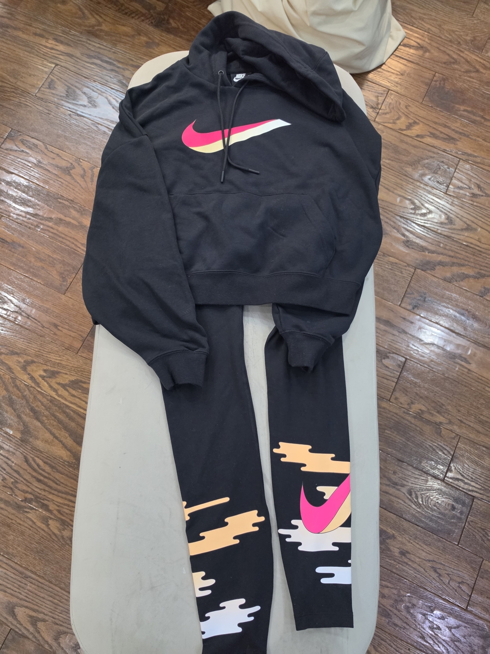 Women's Nike, Black Colorful Graphic Leggings & Hoodie With Pink Swooshes